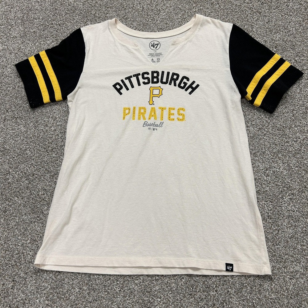 Pittsburgh Pirates Shirt Womens Large White Black MLB Baseball '47 Rhinestone
